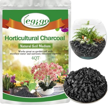 Horticultural activated charcoal added to indoor plant soil for filtration and root support