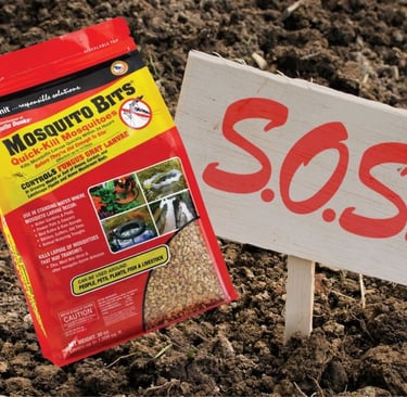 summit mosquito bits bag next to an sos sign in soil representing a fungus gnat infestation