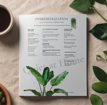Houseplant leaves showing signs of over-fertilization, part of the Quiet at Home Reference Guide