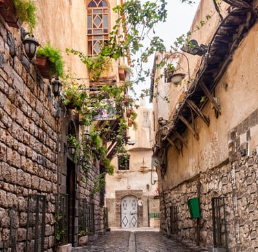 Historic stone alleyway in Old Damascus with traditional architecture and hanging greenery.