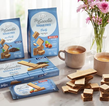 Gamma wafer Lago Be-Goodie Sugar Free con tazze di caffè e confezioni assortite