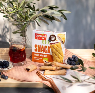 Snack Germinal Bio farro mirtillo ambientato con mirtilli freschi e bevanda