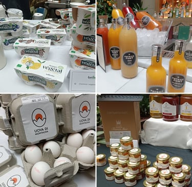 Selezione di prodotti premium per la colazione tra latticini, succhi, uova e confetture