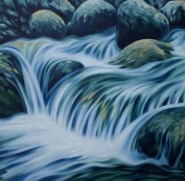 Oil painting, art, creek with cascades