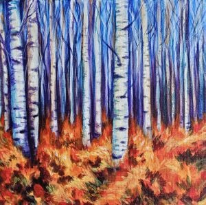 art, acrylic painting, abstract realism, vibrant colours, birch forest