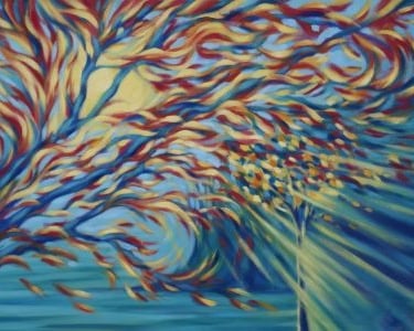 art, acrylic painting, abstract realism, expressive Autumn tree