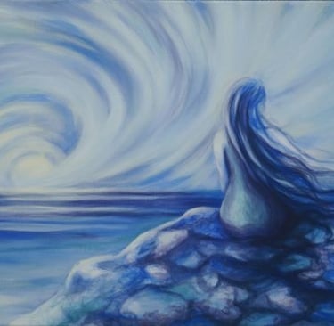 art, acrylic painting, abstract realism, sunset, vortex, seaside, female, seascape