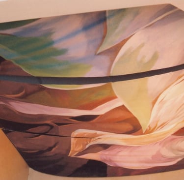 art, macro realism, acrylic painting, hanging canvas installation, indoor, macro landscape