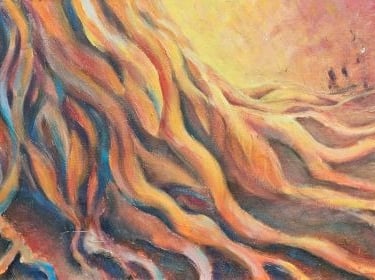 acrylic painting, abstract realism, tree trunk, vibrant forest