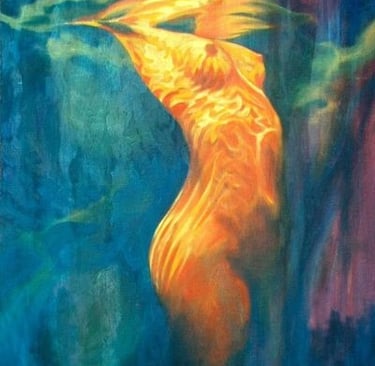underwater female figure painting,, art, acrylic, oil, mixed media, abstract realism, light