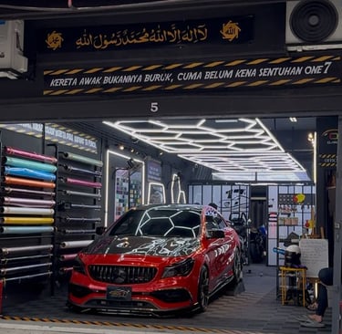 Mercedes CLA AMG wrapped in custom spiderweb design at One 7 Garage