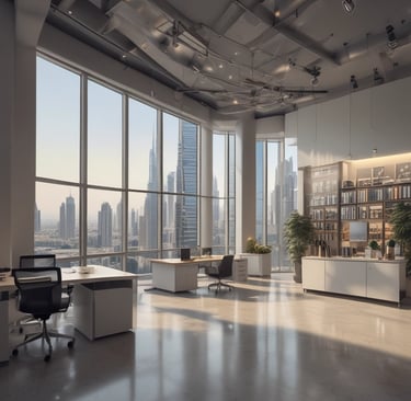 A sleek office building in Dubai with the fasco trading llc logo prominently displayed on the entrance.