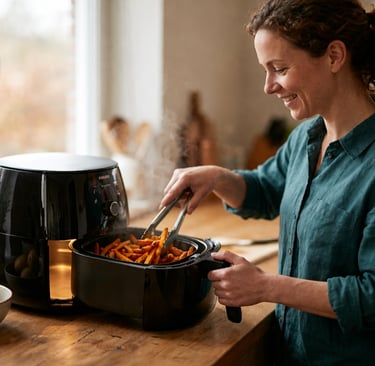 Mulher sorrindo usando airfryer para preparar batatas fritas em cozinha iluminada.