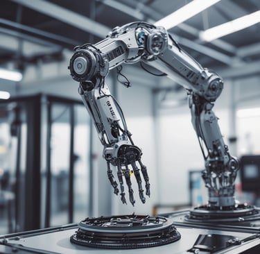 Close-up of a robotic arm delicately assembling a complex aerospace component under bright workshop lights.
