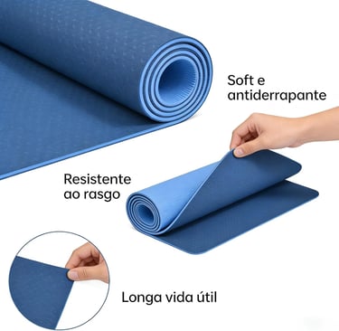 Tapete de Yoga TPE Dupla Face Azul, 181x61x0,6 cm, Antiderrapante, para Yoga, Pilates e Meditação.