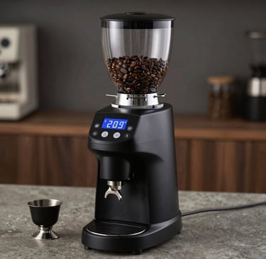Black electric burr coffee grinder with digital display, large bean hopper, and portafilter holder.