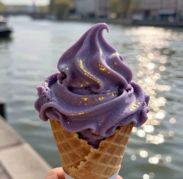 Eine Nahaufnahme einer leuchtenden Eiskugel in einer Waffel, die von goldenem Licht umhüllt ist. donau