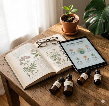 A flat-lay photograph of botanical books, and herbal remedy bottles at The Sleep Coach in Petawawa