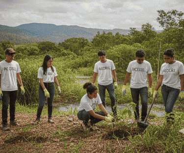 Voluntarios IxChel con camisetas blancas a juego plantando árboles en un proyecto de reforestación