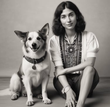 Retrato en blanco y negro de mujer feliz sentada junto a su perro con joyas a juego