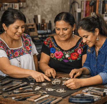Tres mujeres hispanas con blusas bordadas elaboran joyas de plata artesanales en un taller tradicion