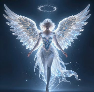 Soft pastel illustration of a serene angelic figure with delicate wings and subtle golden sparkles.