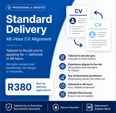 Infographic for 48-hour professional CV alignment service showing pricing and tailored resume benefits.