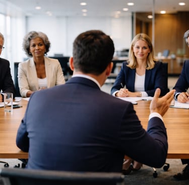 Senior candidate presenting to executive interview panel