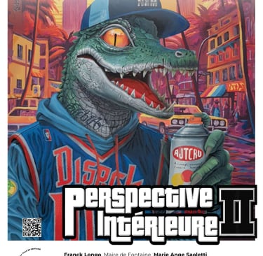 Poster for Diseck art exhibition featuring a crocodile in urban clothing holding a spray paint can.