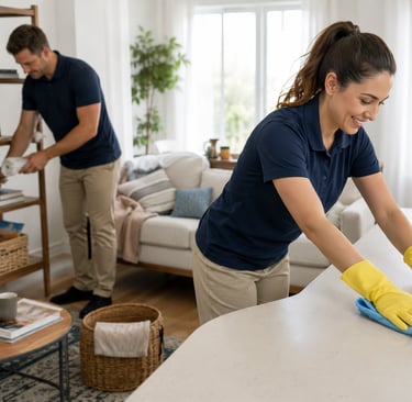Professional house cleaners in uniform wiping a counter and dusting shelves in a bright living room.