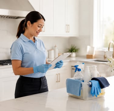 Professional house cleaner in uniform reviewing a checklist next to cleaning supplies in a modern kitchen.