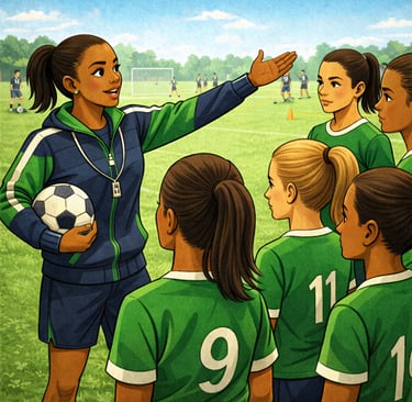 Treinador orientando os atletas de futebol.