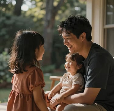 A candid, medium shot of a young family playing on a sun-dappled porch. Intimate storytelling style, focusing on a genuine moment of laughter between a parent and child. Natural, warm lighting filters through nearby trees. Palette includes deep Charcoal #333333 shadows and warm Terracotta #C0766B accents.