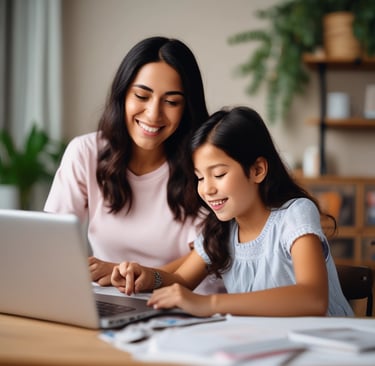 A friendly teacher helping a child and an adult learn English together in a colorful classroom.