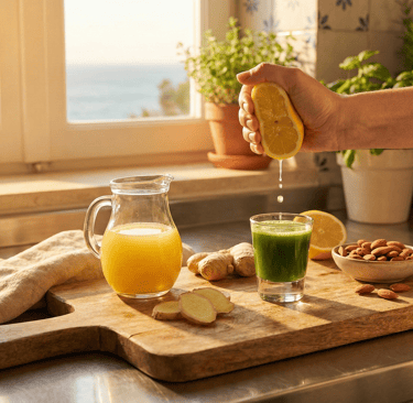 Hand squeezing a fresh lemon into a green wellness shot on a wooden board with ginger and almonds.