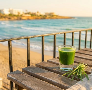 Tuore orgaaninen vehnänoras kuvassa puupöydällä aurinkoisen Välimeren rannan tuntumassa.