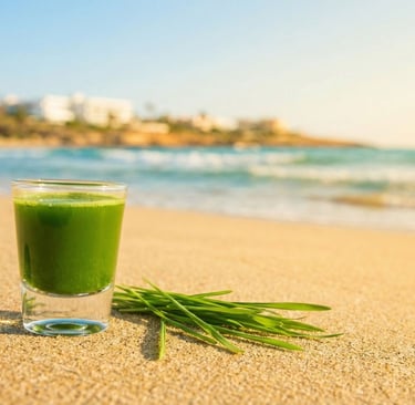 A fresh green wheatgrass shot in a glass sitting on a sandy beach by the ocean.