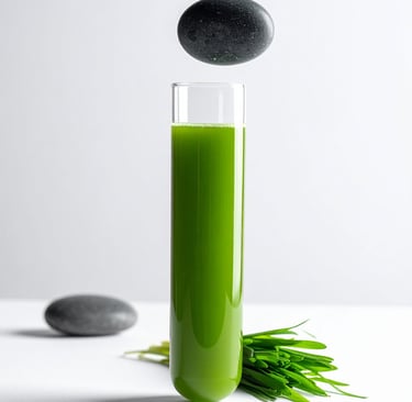 Fresh wheatgrass juice in a test tube with balancing zen stones for wellness.