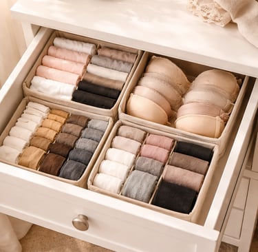 Open dresser drawer with fabric dividers organizing underwear, bras and socks folded vertically by c