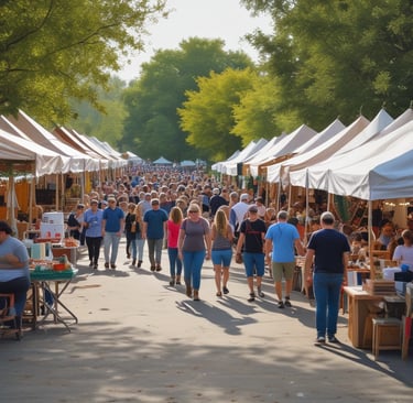 A lively crowd enjoying a local festival with food trucks and live music in the background.