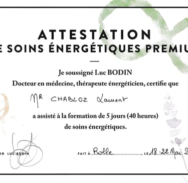 Attestation de soins énergétiques premium enseigné par Luc bodin