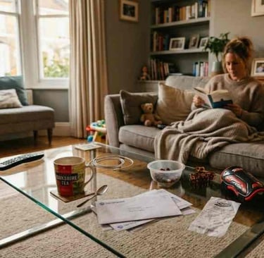 Messy coffee table with tea mug, post and cables in a cosy family living room