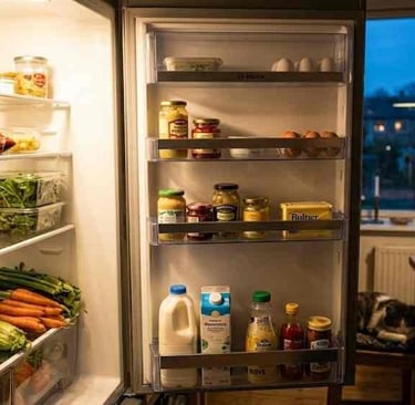 Person looking into fridge with leftover ingredients in an evening kitchen, deciding what to cook on a tight budget