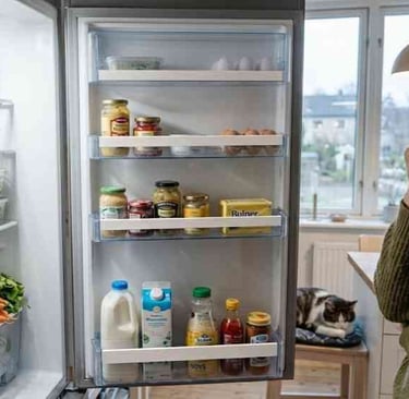 Person looking into fridge with leftover ingredients in an evening kitchen, deciding what to cook on a tight budget