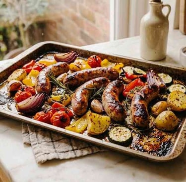 One-tray sausage and roasted vegetable dinner on a baking tray in a home kitchen, simple low-effort evening meal