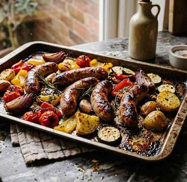 One-tray sausage and roasted vegetable dinner on a baking tray in a home kitchen, simple low-effort evening meal