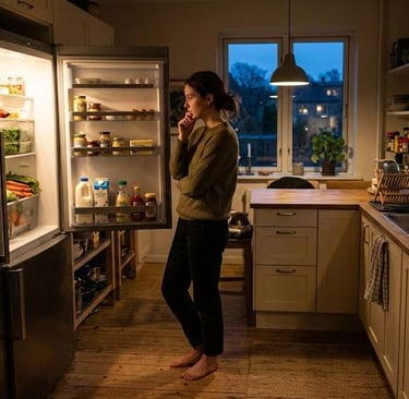 Woman standing in front of an open fridge in an evening kitchen, thinking about what to cook