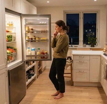 Woman standing in front of an open fridge in an evening kitchen, thinking about what to cook