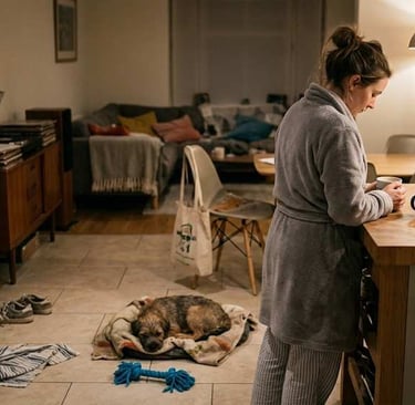 Woman in a dressing gown standing in a softly lit European home with a small dog resting nearby and everyday clutter around