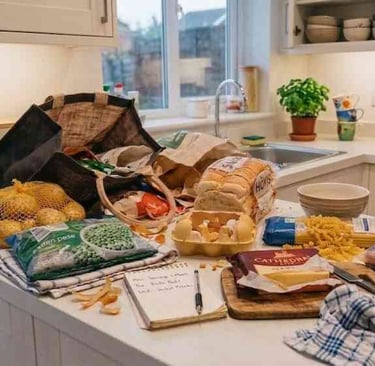 Affordable weekly food shop spread across a cosy UK kitchen counter with simple everyday groceries
